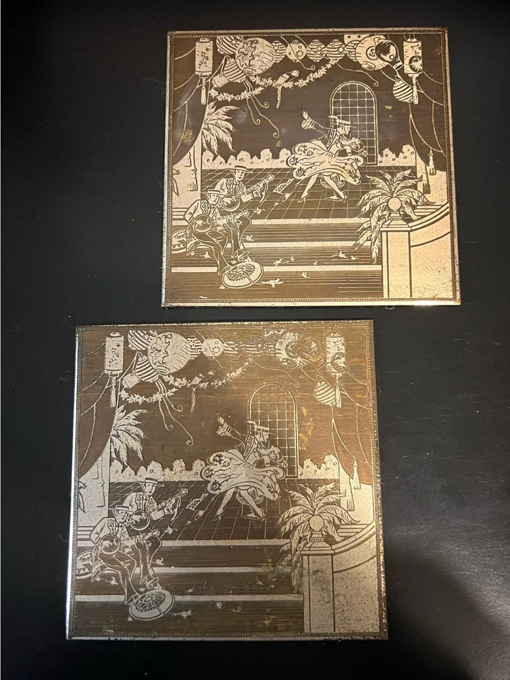 Vintage Etched Metal Wall Tiles - Pair Felt Backed